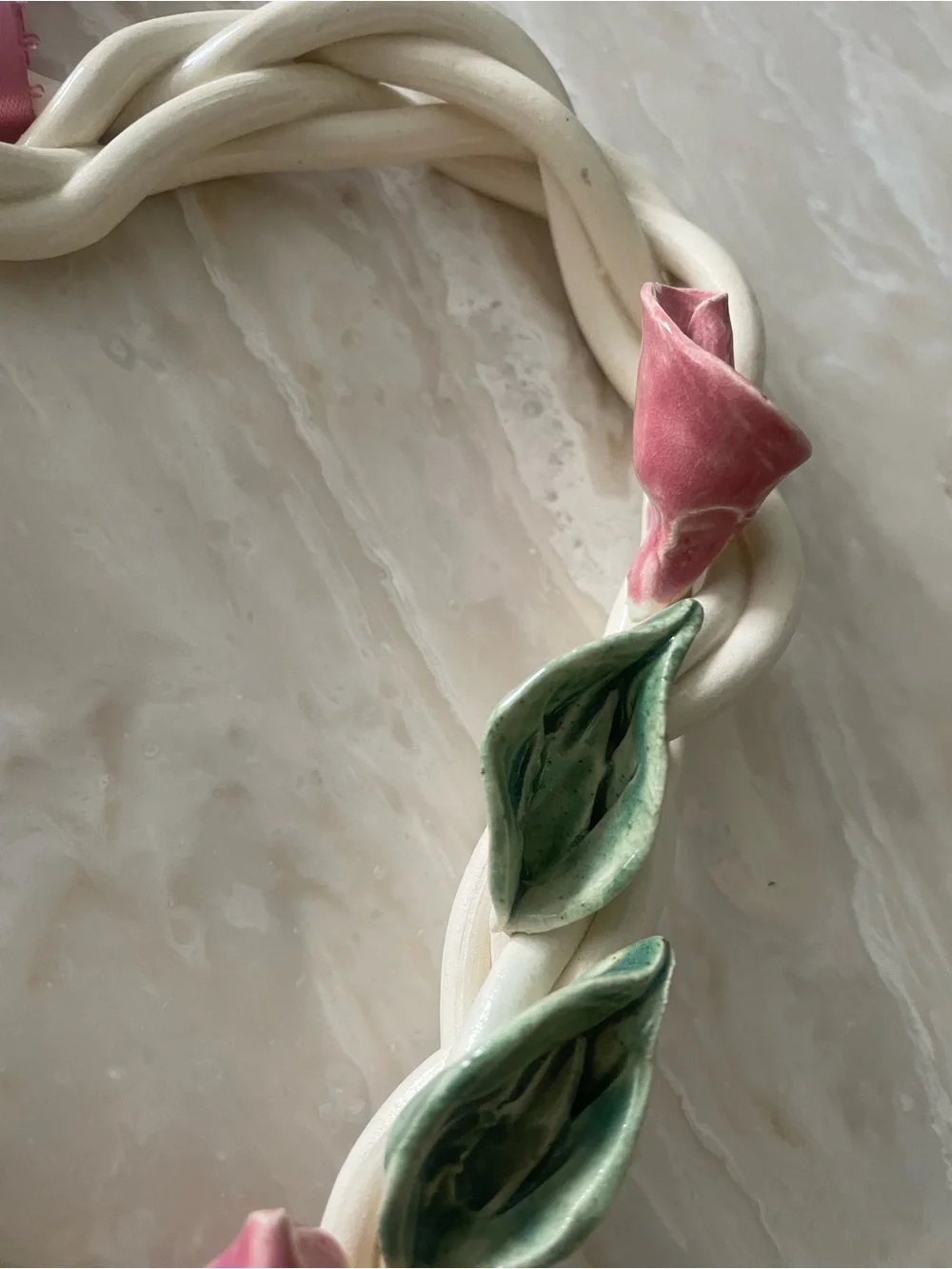 Pottery Ceramic Braided Heart Lily Pink Flowers Green Leaves Ribbon Hanging